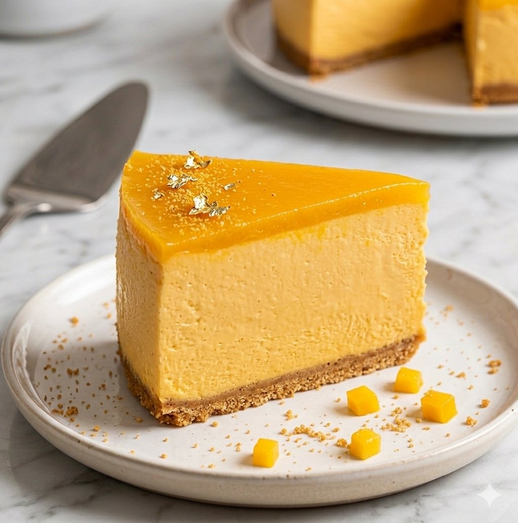 Mango Cheesecake — creamy New York-style base with tropical mango glaze