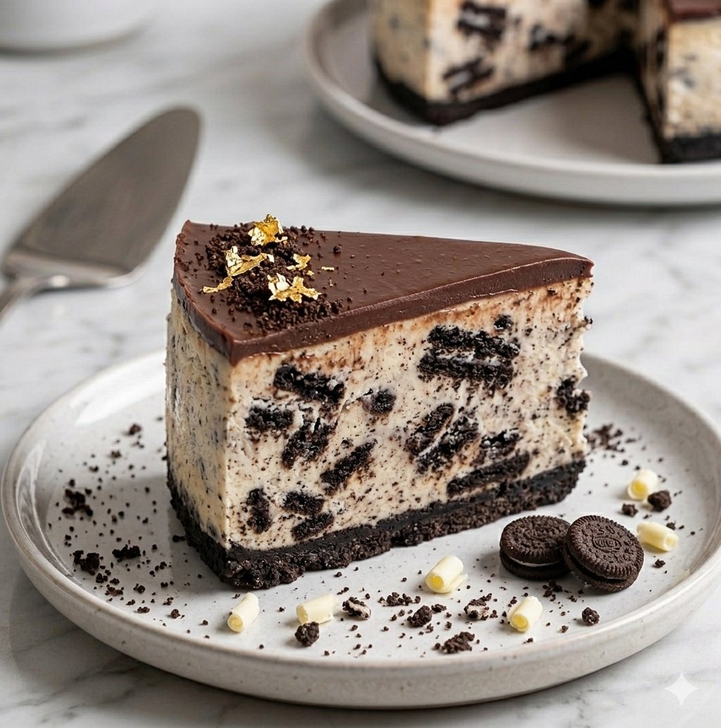 Oreo Cheesecake — rich cookies and cream cheesecake with dark chocolate base