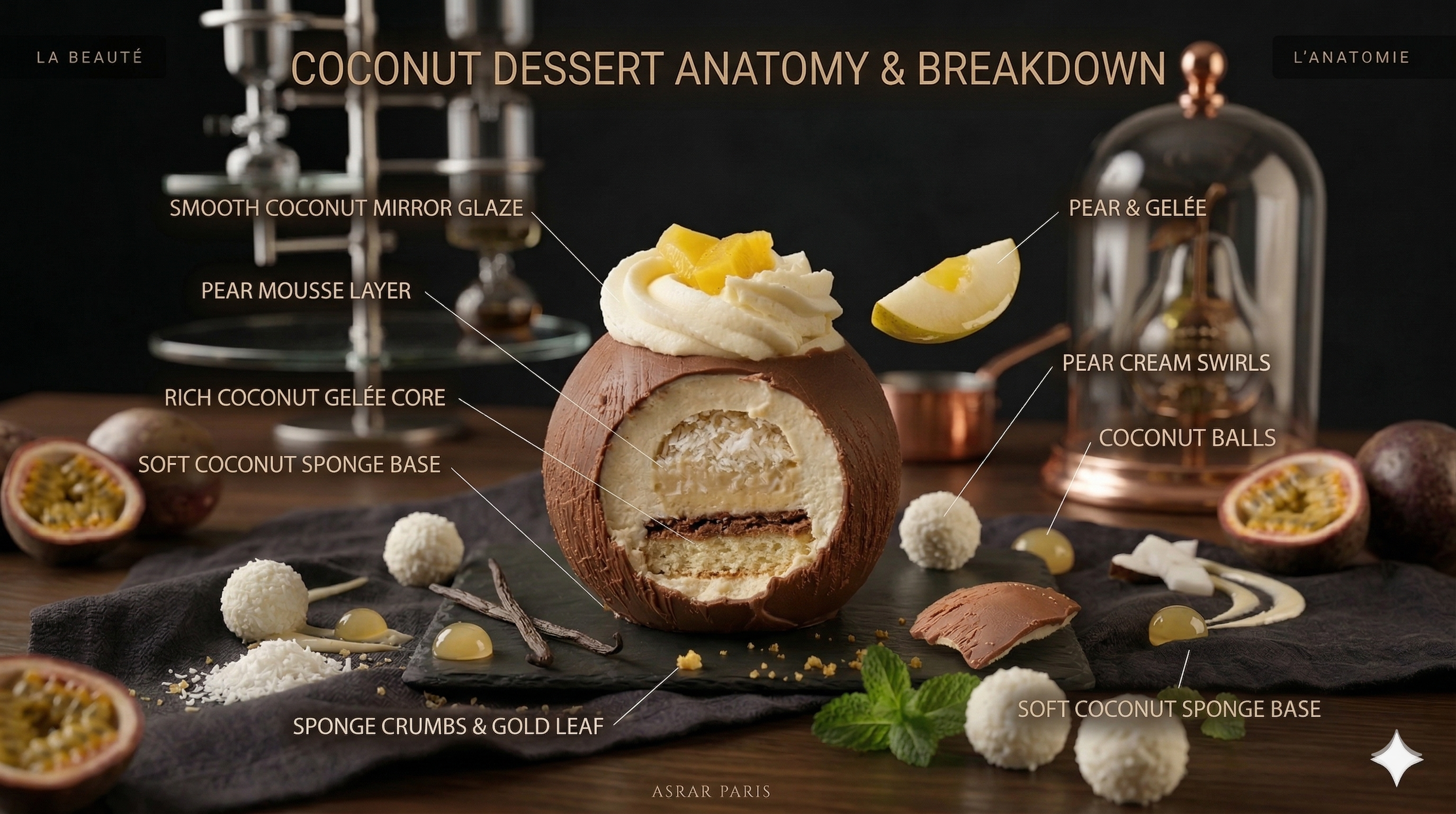 Coconut Entremet — Layered dessert breakdown showing coconut mousse cream, gelée, coconut paste, and sponge cake base