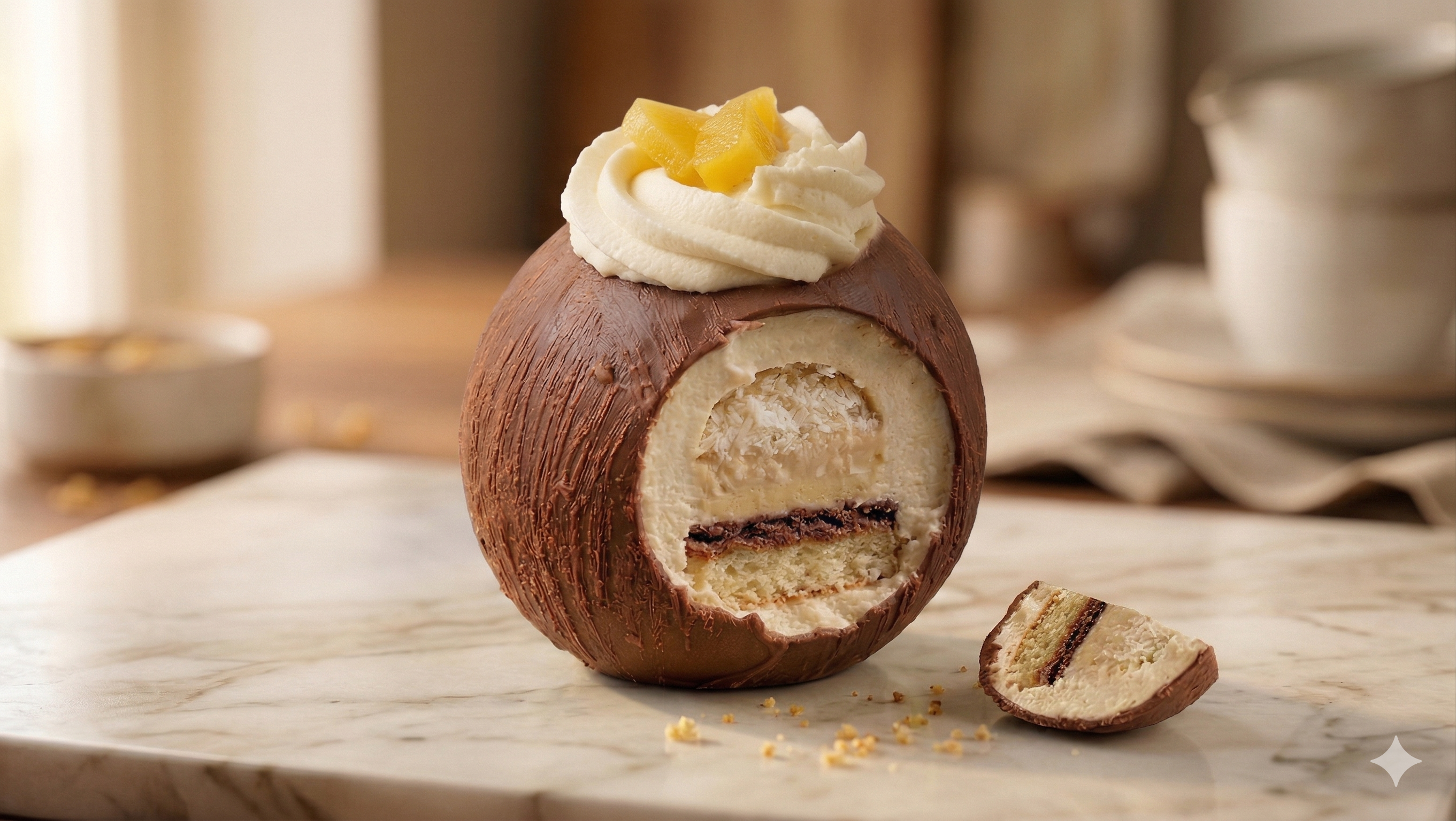 Coconut Entremet — Chocolate shell sphere with coconut cream and passion fruit