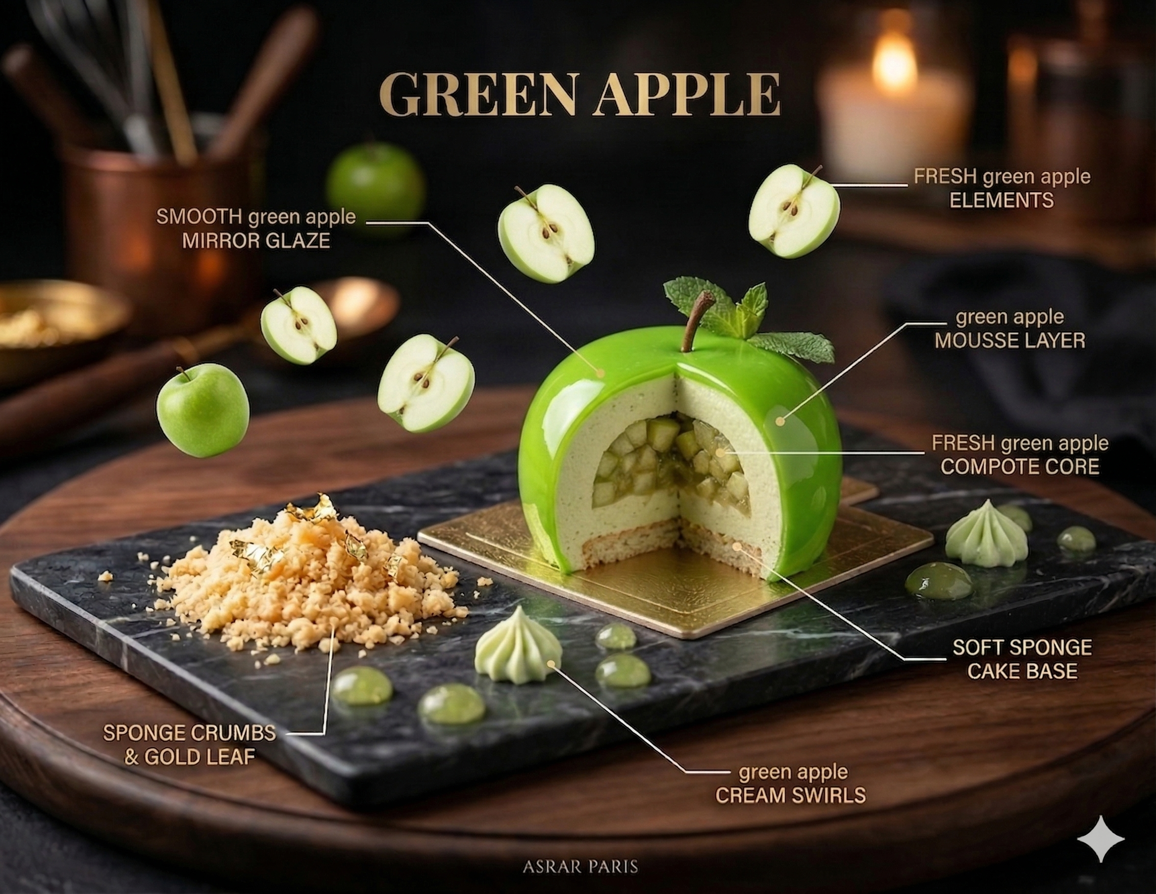 Green Apple Entremet — Layered breakdown showing smooth green apple mirror glaze, mousse layer, fresh apple compote core, and sponge cake base