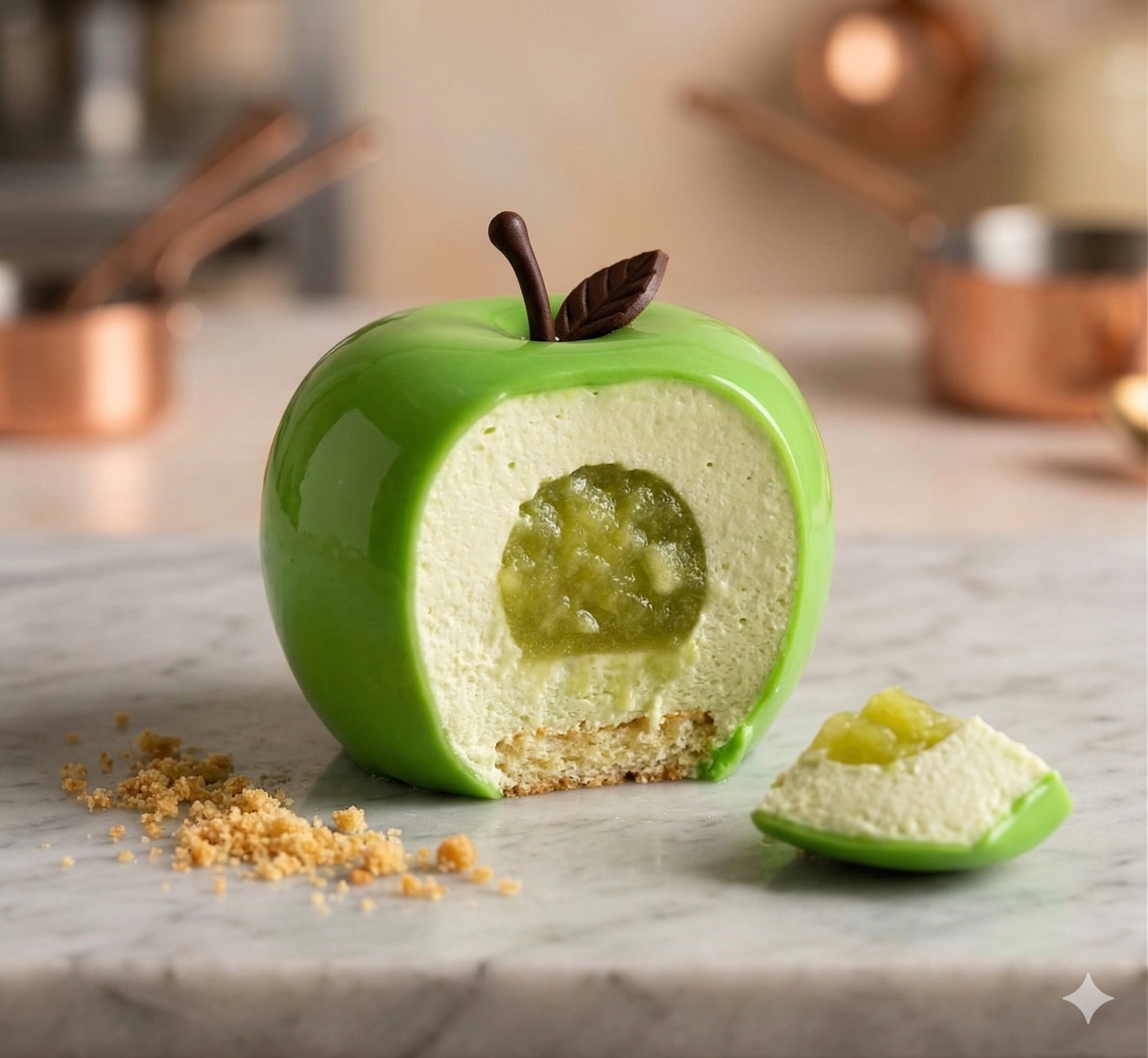 Green Apple Entremet — Sculptural sphere with vibrant green glaze and chocolate leaf, cut open to reveal apple mousse