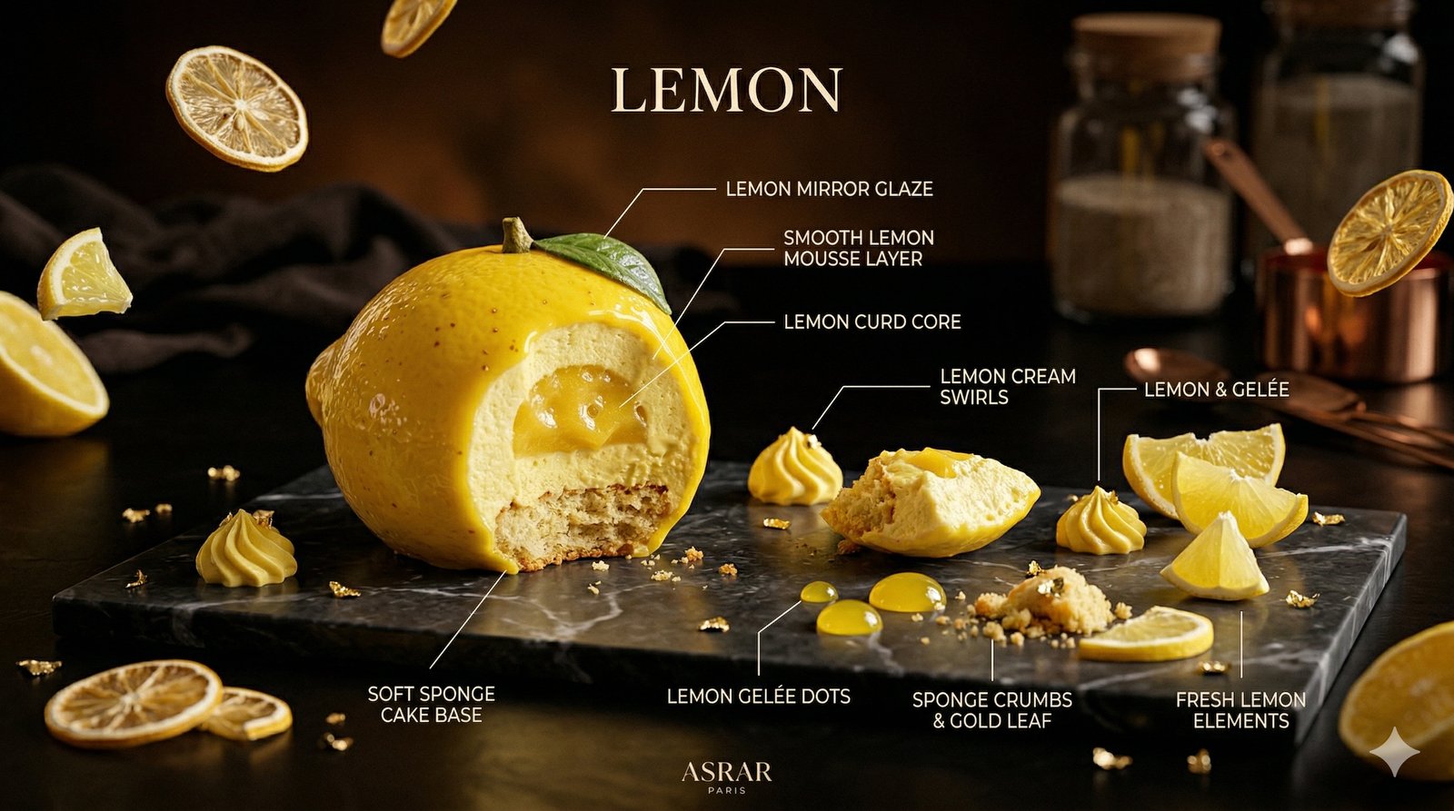 Lemon Entremet — Anatomy breakdown showing mirror glaze, mousse, lemon curd core, and sponge base