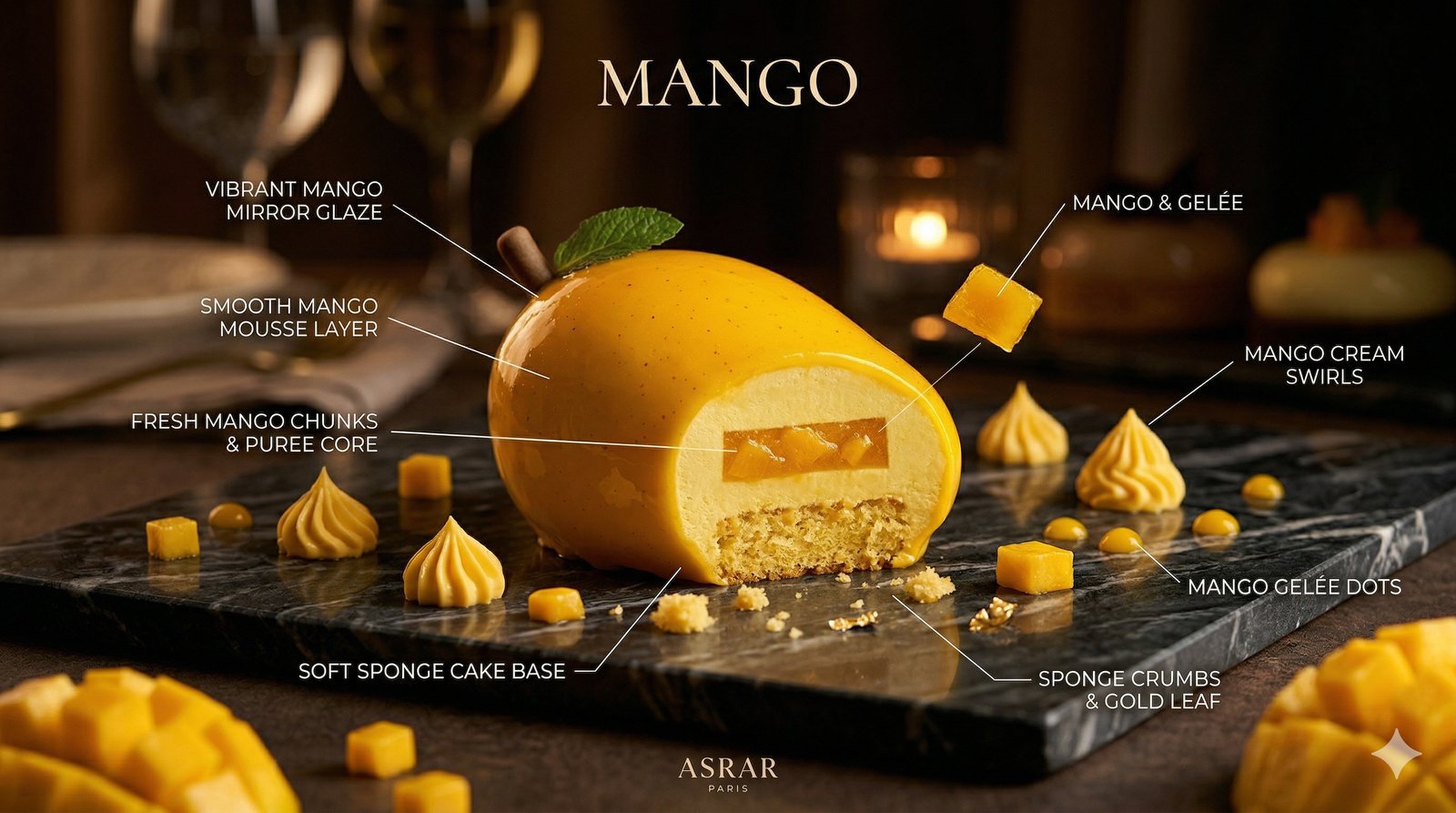 Mango Entremet — Anatomy breakdown showing mirror glaze, mousse layer, fresh mango core, and sponge cake base