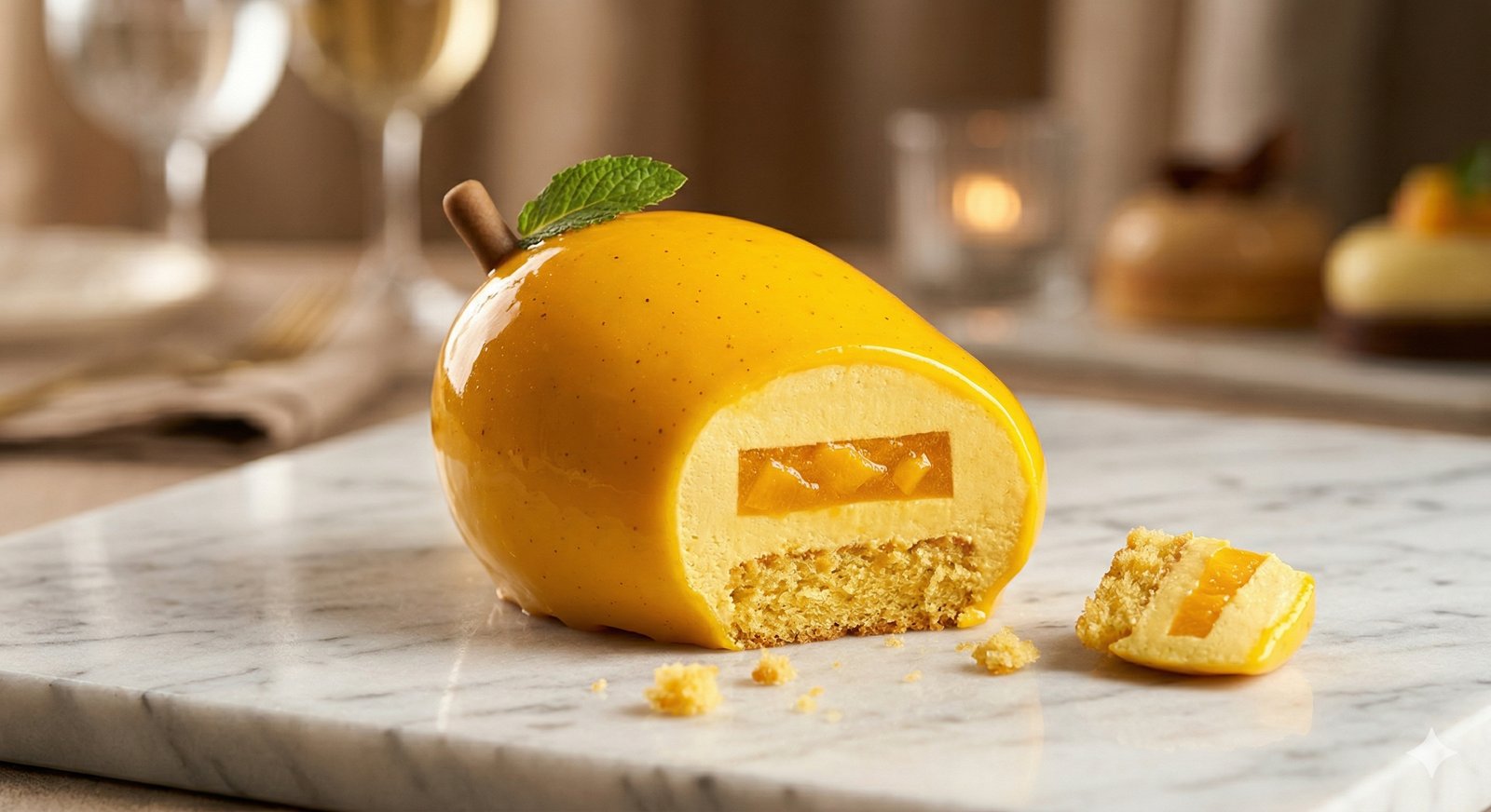 Mango Entremet — Beauty shot with golden mirror glaze