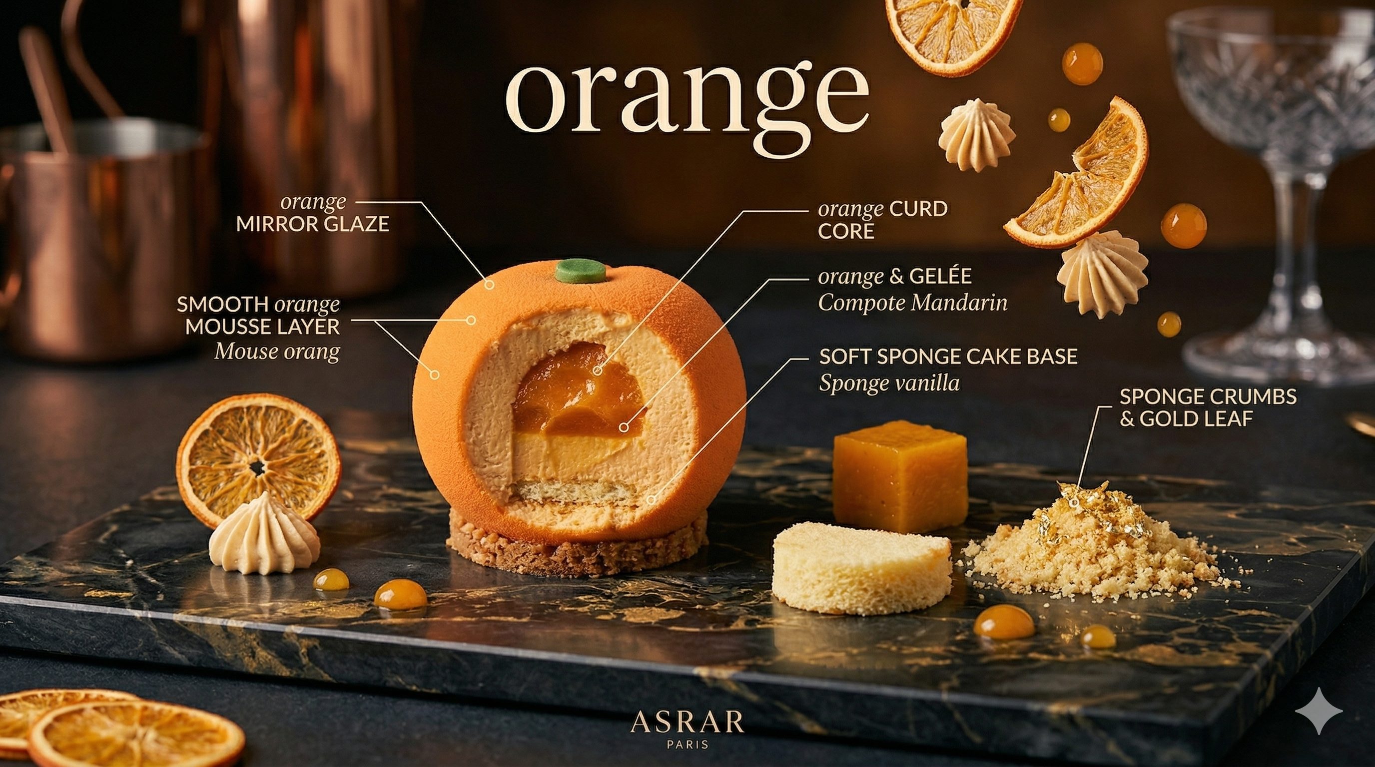 Orange Entremet — Anatomy breakdown showing mandarin compote, orange mousse, and sponge base