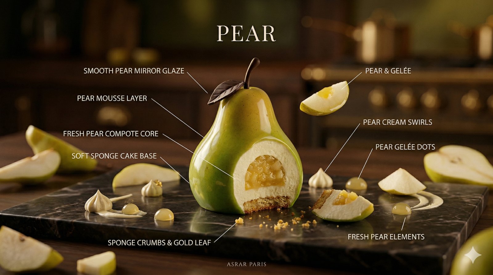 Pear Entremet — Anatomy breakdown showing mirror glaze, mousse, pear compote core, and sponge base