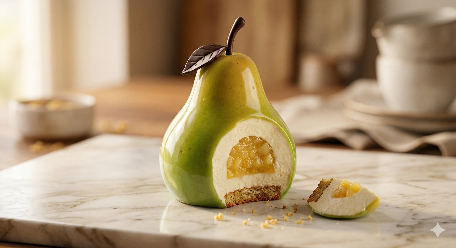 Pear Entremet — Beauty shot with green mirror glaze