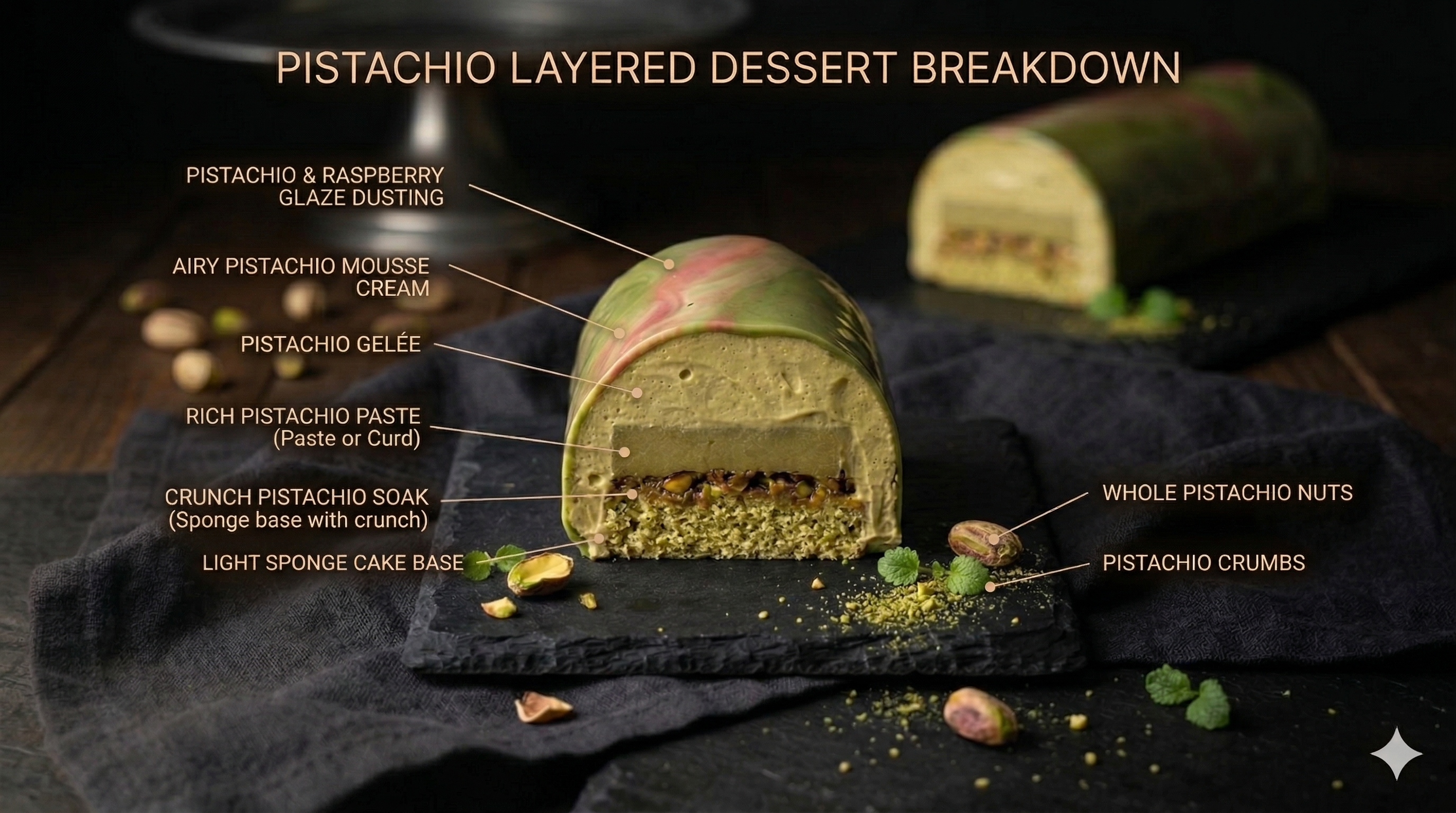 Pistachio Entremet — Layered breakdown with pistachio mousse, gelée, pistachio paste, crunch, and sponge base