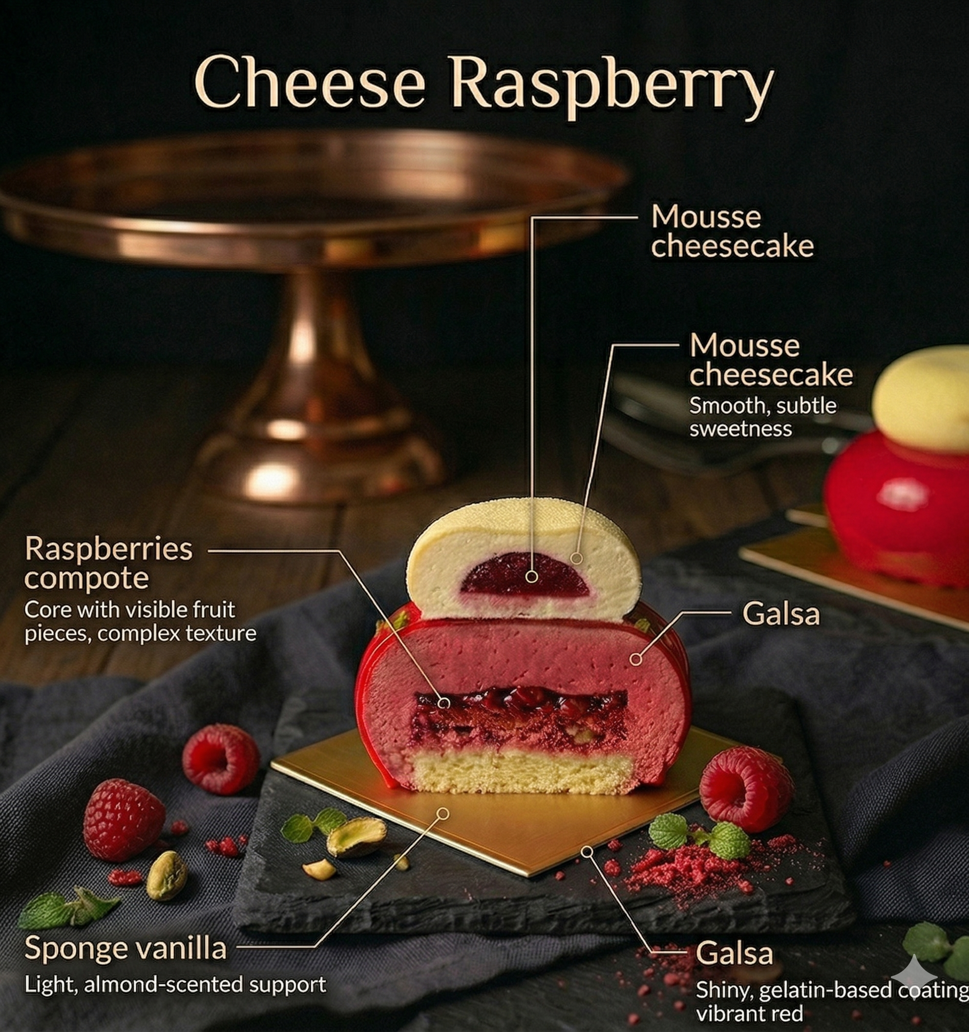 Cheese Raspberry Entremet — Detailed anatomy showing layers of raspberry compote, mousse cheesecake and glaze