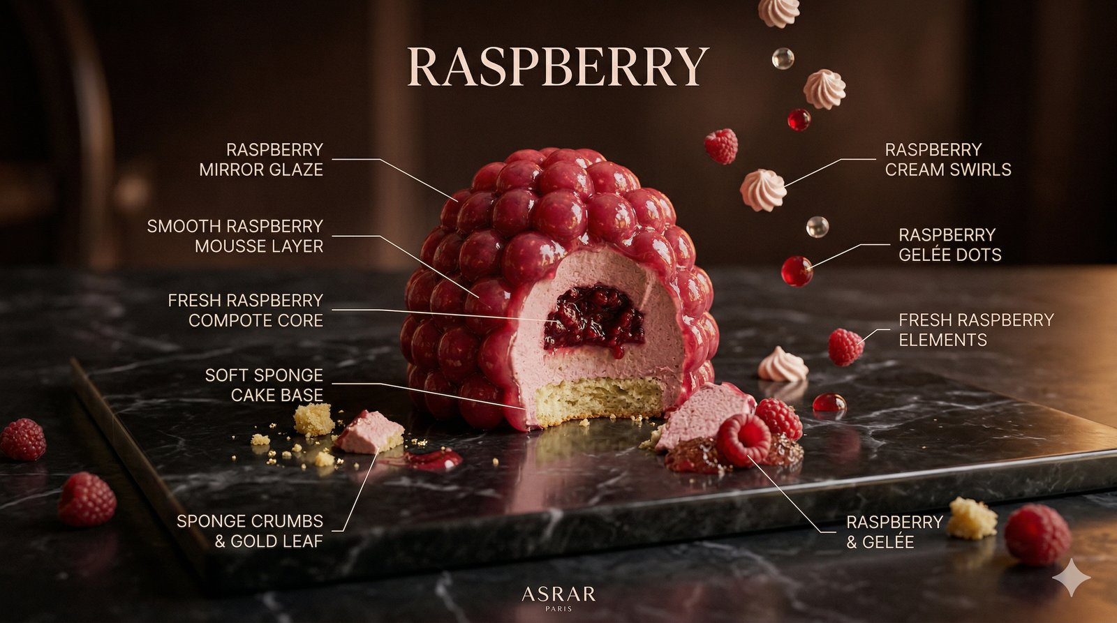 Raspberry Entremet — Anatomy breakdown showing mirror glaze, mousse, compote core, and sponge base