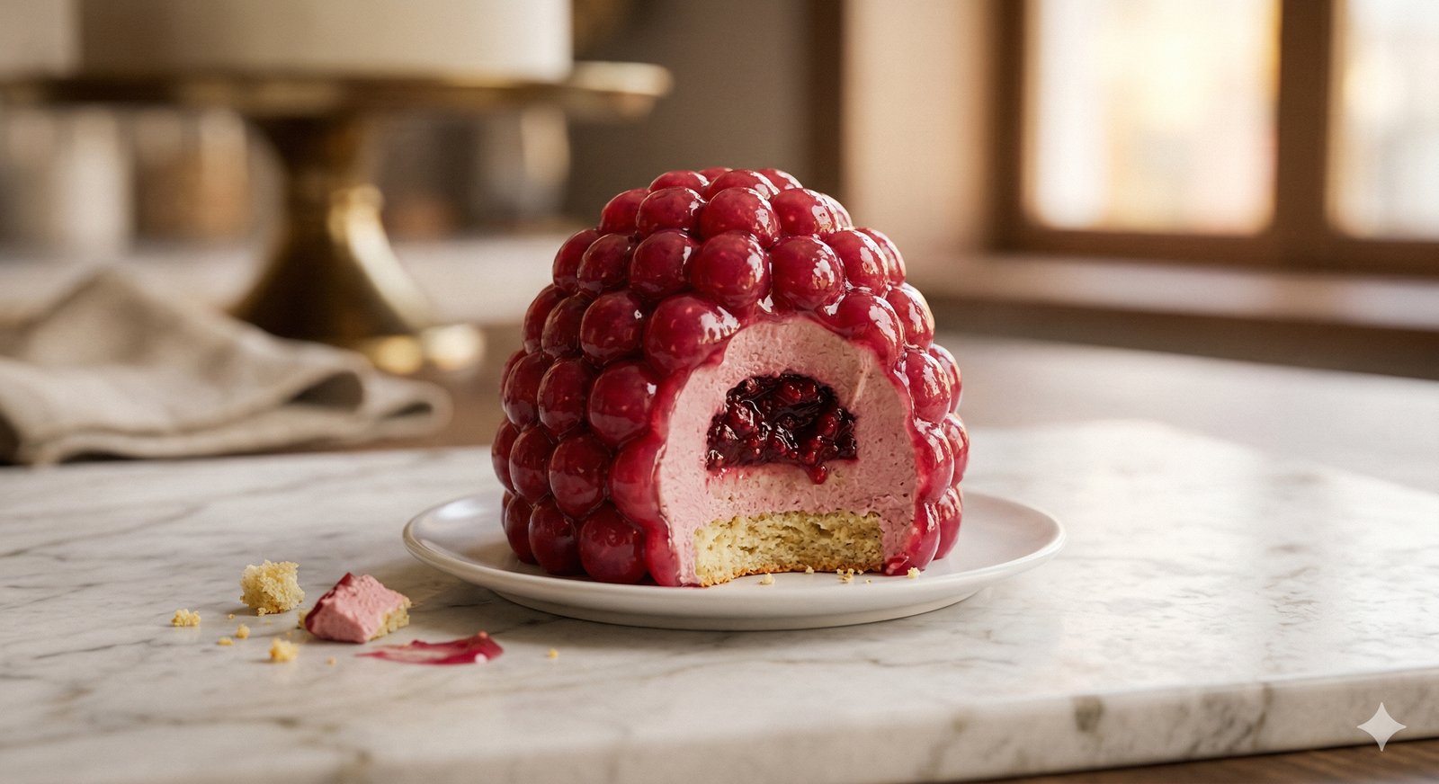 Raspberry Entremet — Beauty shot with ruby mirror glaze