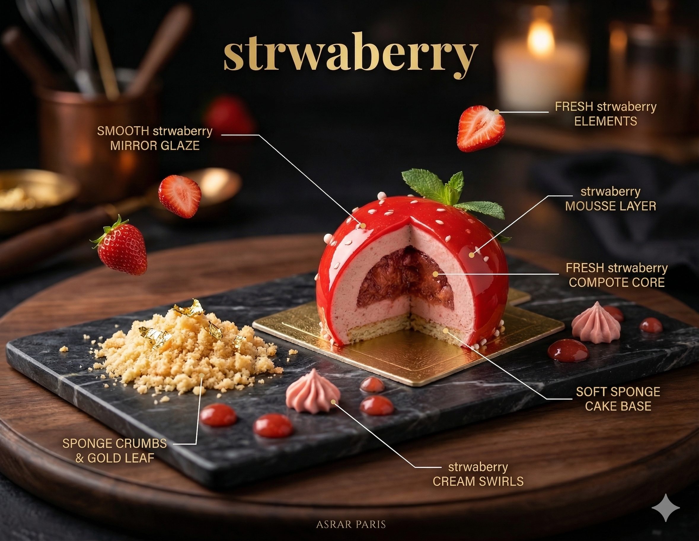 Strawberry Entremet — Anatomy breakdown showing strawberry compote, mousse layers, and sponge base