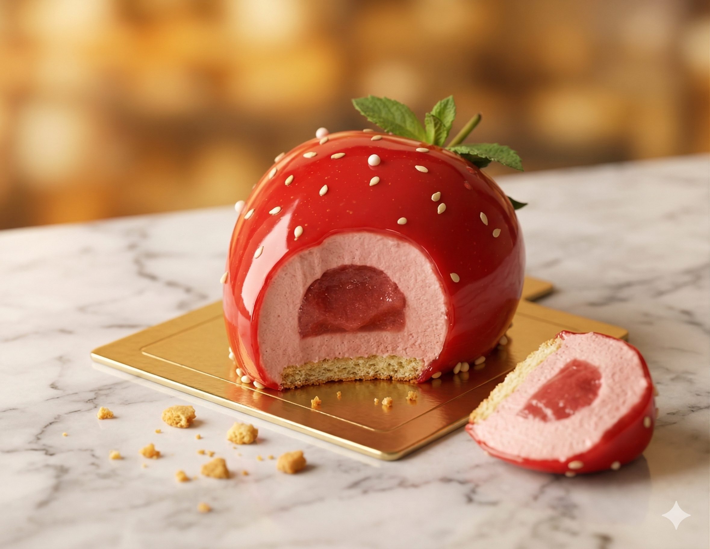 Strawberry Entremet — Beauty shot with red mirror glaze