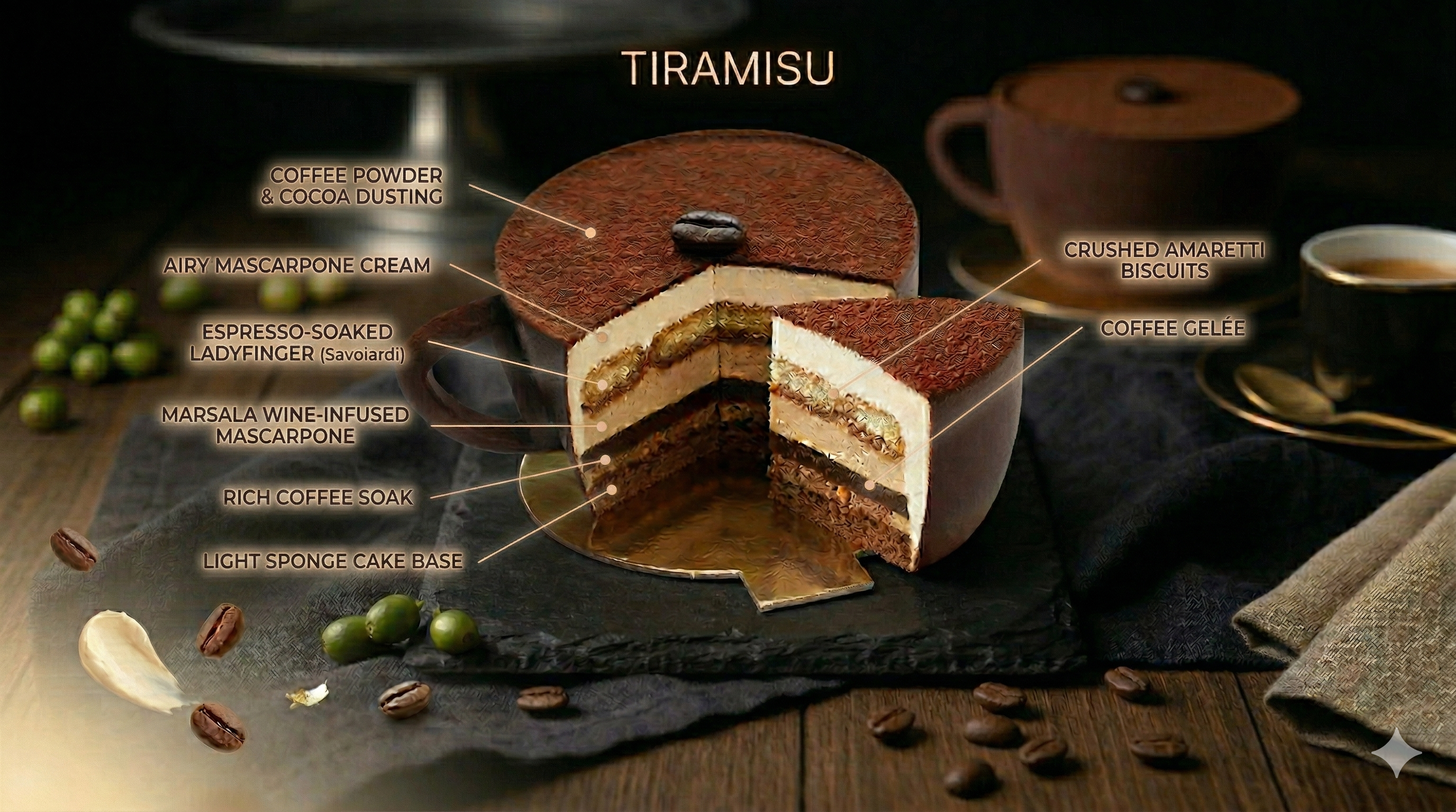 Tiramisu Entremet — Layered breakdown with coffee dusting, mascarpone cream, espresso ladyfinger, and sponge base